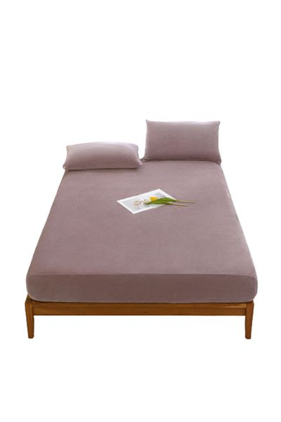 OEM Husa de pat si 2 fete de perna, Catifea, Uni, 3 piese, 2 persoane, 180x200cm, Roz Pudrat