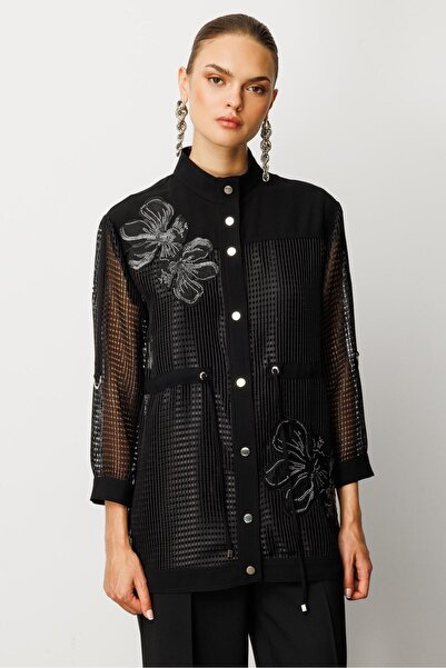 Moda İlgi Modailgi Nakışlı Beli Büzgülü File Detaylı İkili Takım Siyah