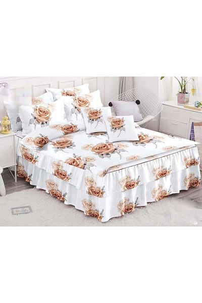 OEM Double Bed Set with Ruffled Sheet, Spring Beige Roses Print, 6 Pieces, 2 People, Finet, 200x210cm