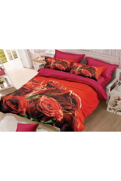 OEM Lenjerie de pat dublu, Catifea, 6 piese, 2 persoane, imprimeu Trandafiri, 230x250cm