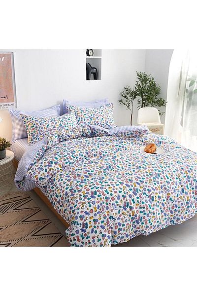 OEM Lenjerie de pat, Bumbac Satinat, 1 persoana, 4 piese, imprimeu Floricele, 155x200cm, Multicolor