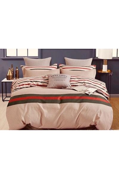 OEM Lenjerie de pat dublu, Finet, 6 piese, 2 persoane, imprimeu Dungi, 250x230cm, Bej Multicolor