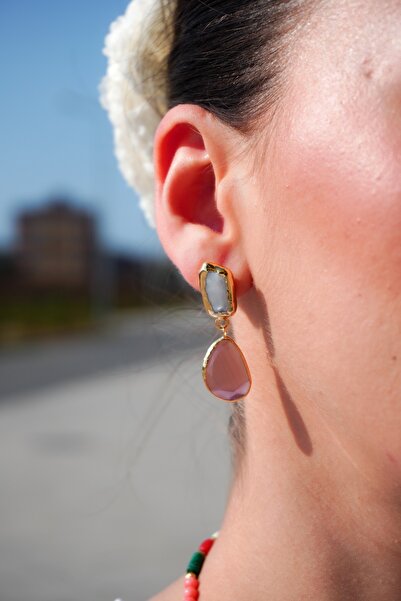 Rumon İnci ve Kedigözü Doğal Taş Altın Kaplama Pirinç El Yapımı Küpe