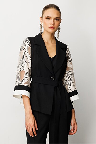 Moda İlgi Modailgi Kolları Yakma Çiçek Desenli Kısa Ceket Siyah