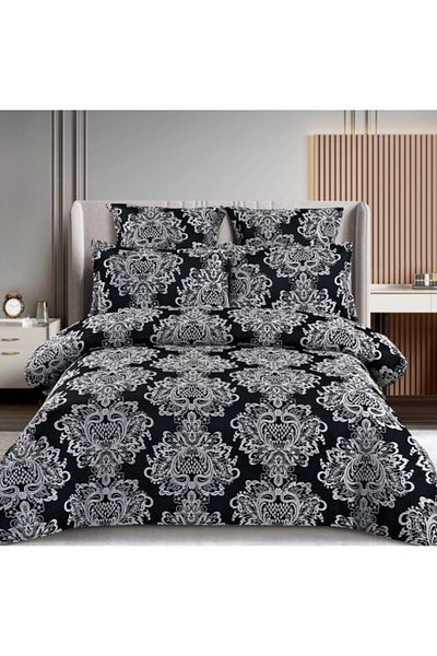 OEM Set de lenjerie de pat dublă, design elegant, imitație de mătase, 6 piese, alb-negru, 180x200cm