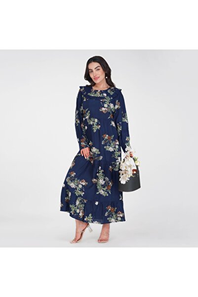 LINELLE فستان ماكسي متعدد الطبقات من الرايون والزهور - رقبة دائرية، متوفر بثل...