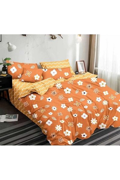 Pucioasa Double Bed Linen, Pucioasa, Finet, 6 Pieces, 2 Persons, White-Orange Print, 245x250cm
