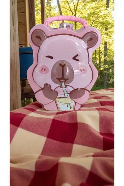 FAMEMUS ACCESSORY Cute Capybara Lockable Metal Piggy Bank Pink 20 cm with Transparent Box
