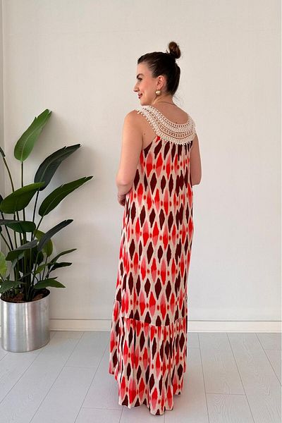 MaziButik Lace Collar Patterned Dress Orange