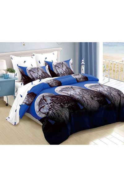 OEM Double Bed Linen, Spring, Finet, 6 Pieces, 2 Persons, Owl Print, 230x250cm, Navy Blue-White