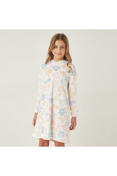 Juniors All-Over Floral Print Hooded Night Dress with Long Sleeves