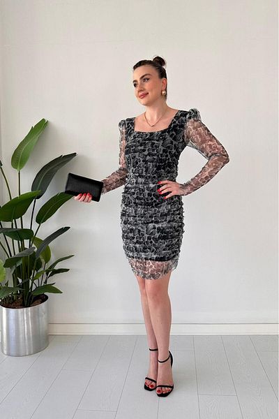 MaziButik Patterned Tulle Dress Gray