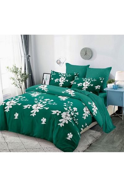 OEM Lenjerie de Pat, Finet, 4 piese, 1 persoana, 160x200cm, Imprimeu Floral, Verde Smarald-Gri