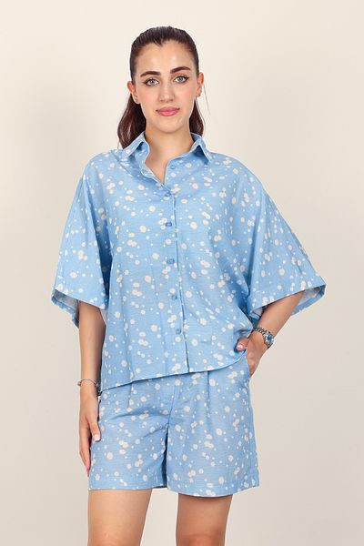 Stil Sepeti Cămașă oversize cu model albastru pentru femei, set de mini pantaloni scurți cu pliuri duble TL-10005840100