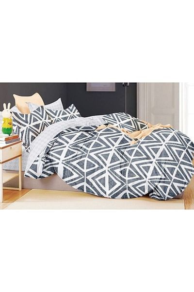 OEM Set de lenjerie de pat dublă cu imprimeu geometric, 4 piese, 180x200cm, satin de bumbac, alb-gri-albastru