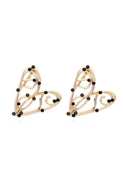 Eva Grace Fania earrings, gold, heart-shaped, decorated with black stones