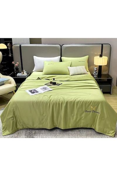 OEM Double Bedding Set with Summer Quilt, Uni, 4 Pieces, Silk, Olive Green