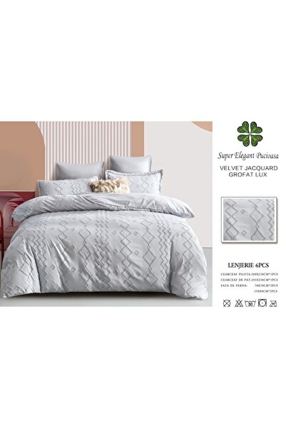 Pucioasa Double Bed Linen, Velvet Jacquard Lux M3, Pucioasa, 6 Pieces, 2 Persons, Uni, 245x250cm, Grey