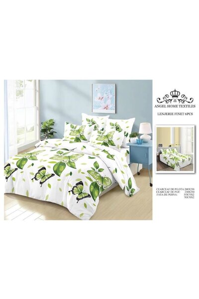 OEM Lenjerie de pat dublu, Finet, 6 piese, 2 persoane, imprimeu Fluturi, 230x250cm, Alb-Verde