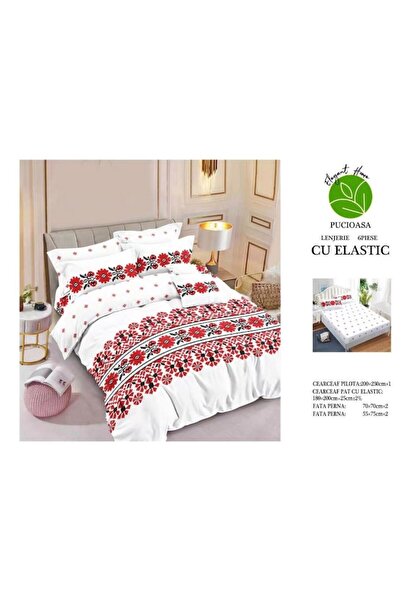Pucioasa Double bed linen set, Pucioasa, traditional print, 6 pieces, 2 persons, 180x200cm, M1, Finet Satinat