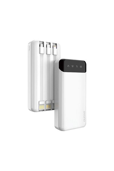 DUDAO Pojemny powerbank 20000mAh z 3 wbudowanymi kablami USB-C microUSB Lightning biały