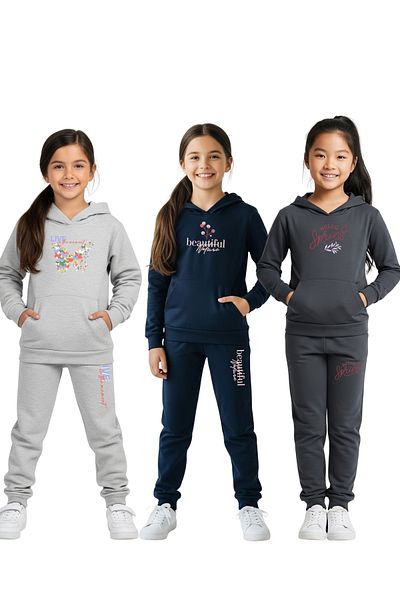 FYK KİDS 3-Piece Hooded Kangaroo Pocket Printed Girl's Tracksuit Set