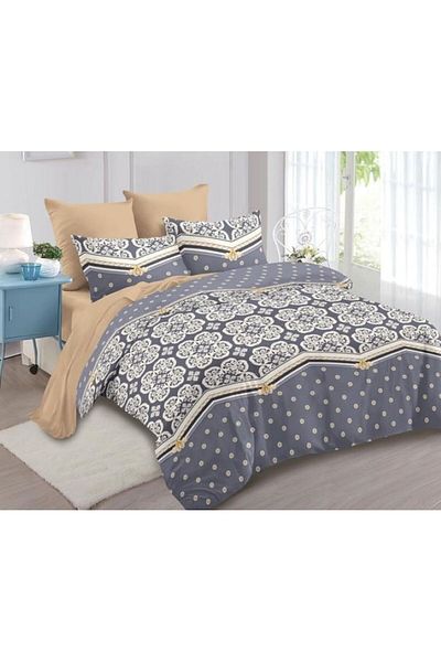 OEM Double Bed Linen Set, Cotton, 6 Pieces, Abstract Print, 230x250cm, Brown-Purple