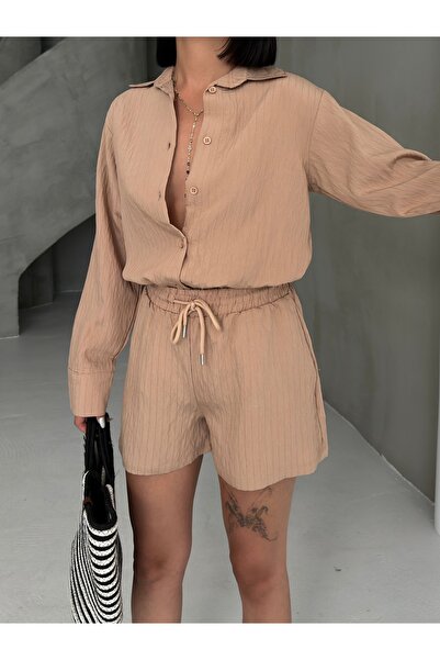 OUZ Fashion Women's Linen Shirt and Shorts Two-Piece Set