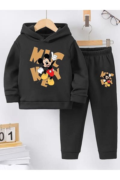 CALP TEKS Mi̇ckey Printed Thick Cotton Hooded Children's Tracksuit Set