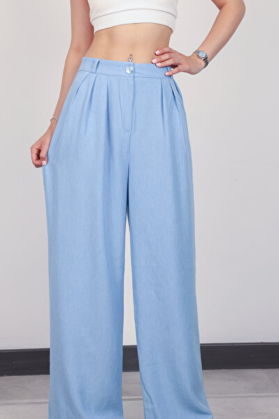 polle Жіночі блакитні штани з високою талією та плісированими складками з льону