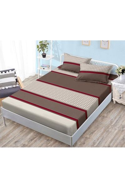 Pucioasa Bed Cover and Pillowcases Set, Striped Print, 3 Pieces, Double, 180x200cm, Satin Finet, Beige Multic