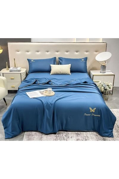 OEM Double Bed Sheet Set, Summer Quilt, Uni, 4 Pieces, 2 Persons, 245x250cm, Silk, Dark Blue
