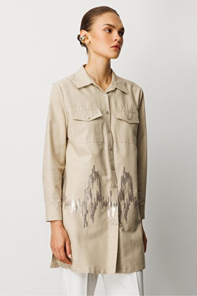 Moda İlgi Modailgi Cep Kapaklı Pul Nakış Detaylı Tunik Vizon