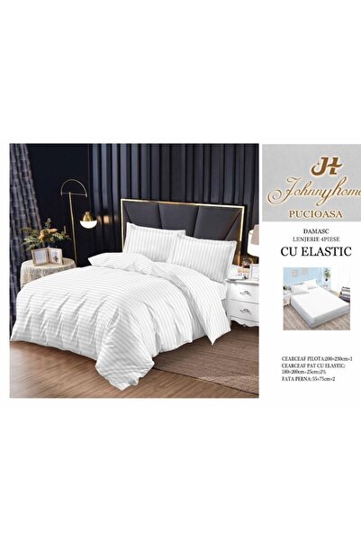 OEM Double Bedding Set, Elastic Fitted Sheet, Damask, 4 Pieces, Uni, 180x200cm, White