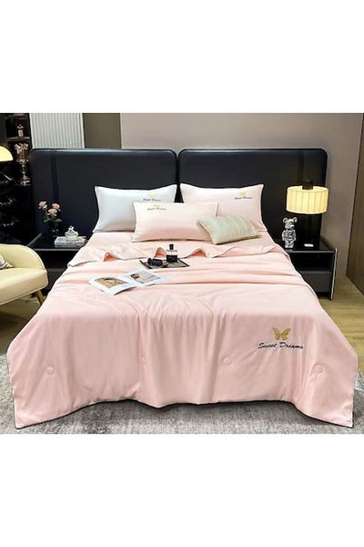 OEM Double bed linen set with summer duvet, Uni, 4 pieces, 2 persons, 245x250cm, Silk, Pink