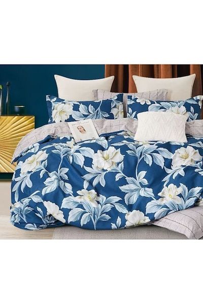 OEM Double Bed Sheet Set, Talo, Finet, 6 Pieces, Floral Navy Blue Print, 230x245cm