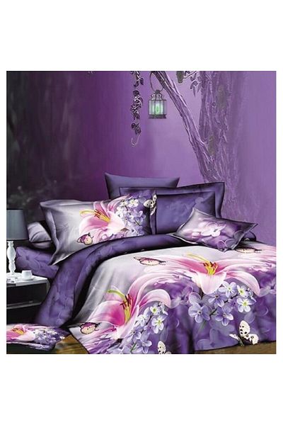 OEM Lenjerie de pat dublu, 6 piese, Finet, imprimeu 3D, Crini, 2 Persoane, 240x250cm, Multicolor