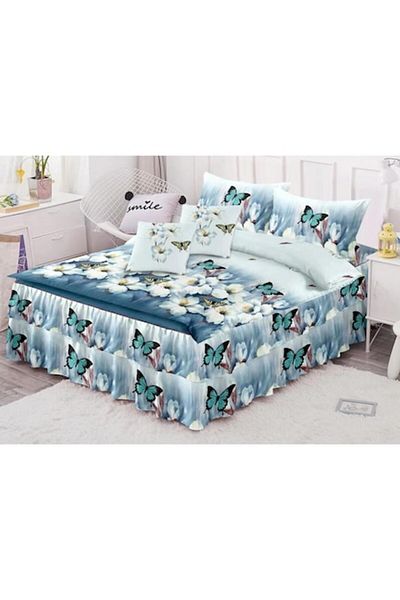OEM Double Bed Linen Set with Ruffled Sheet, Spring, Butterfly Painting, 6 Pieces, 2 Persons, Finet, 200