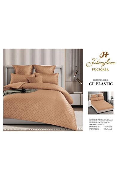 OEM Double Bedding Set, Checkered Pattern, Finet, 6 Pieces, 2 Persons, Light Brown, 180x200cm