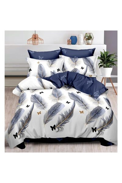 OEM Set bed linen finet, elastic, 6 pieces, dark blue with feathers, 180x200 cm