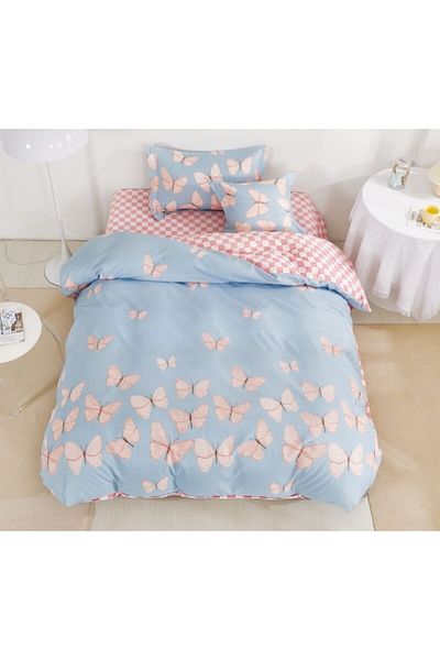 OEM Lenjerie de Pat, Reversibil, Cearsaf cu Elastic, Finet, 1 Persoana, 4 Piese, 140x200cm, Fluturi, Mul