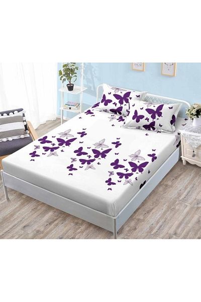 OEM Set Husa de pat din finet, 3 piese Elegant Home, 2 fete de perna, pentru pat 180x200cm, alb mov