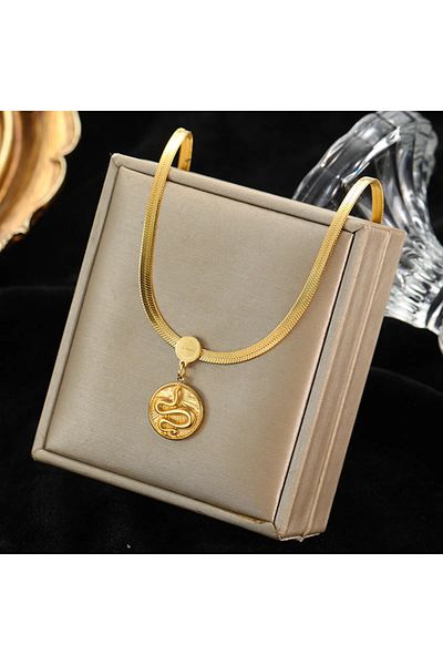 Eva Grace Daphne necklace, gold, made of 18K gold-plated stainless steel, with a round snake-shaped medallion