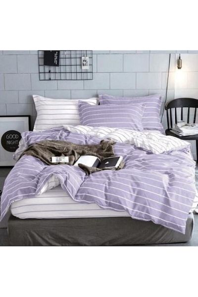 Pucioasa Lenjerie de pat dublă, Pucioasa, reversibilă, imprimeu cu dungi, 4 piese, 2 persoane, 180x200cm, bumbac satinat,