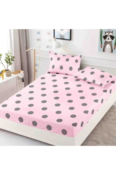 JOJO HOME Double Bed Cover with Elastic, Jojo Home, Finet, Polka Dot Print, 3 Pieces, 180x200cm, Pink-Grey