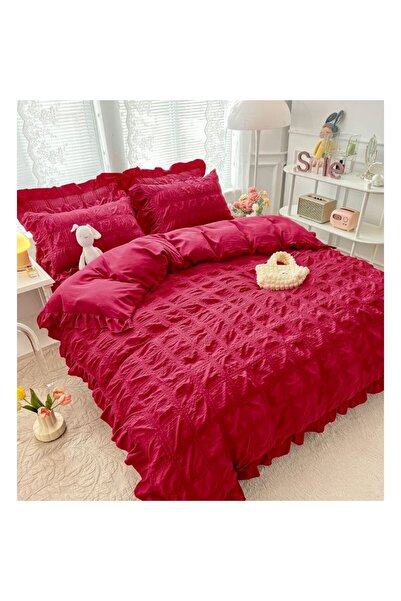JOJO HOME Double Bed Sheet, Jojo Home, Creped Cotton, 6 Pieces, 2 Persons, Plain, 230x250cm, Red