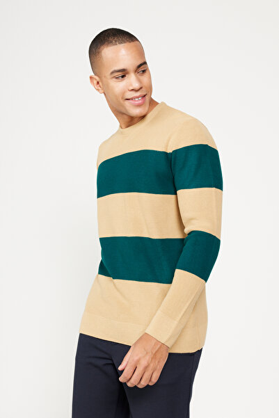 AC&Co / Altınyıldız Classics Ανδρικό πλεκτό πουλόβερ με λαιμόκοψη σε καφέ-πράσινο χρώμα που δεν παγώνει και δεν παγώνει