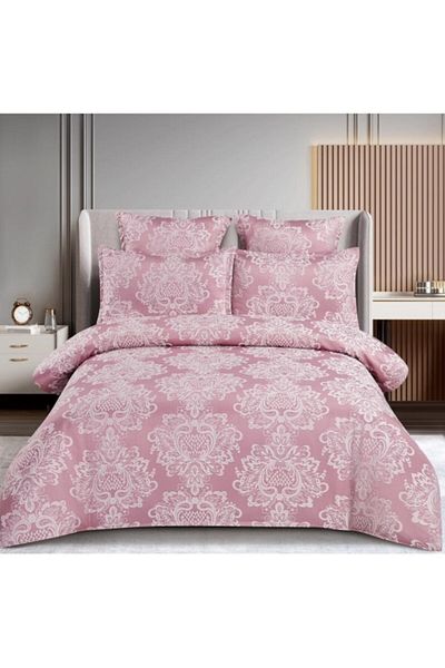 OEM Double Bedding Set, Elegant Model, Silk Imitation, 6 Pieces, 2 Persons, 180x200cm, Powder Pink-White