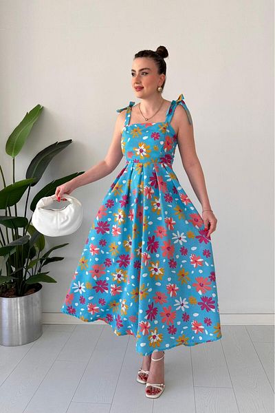 MaziButik Flower Strap Dress Blue