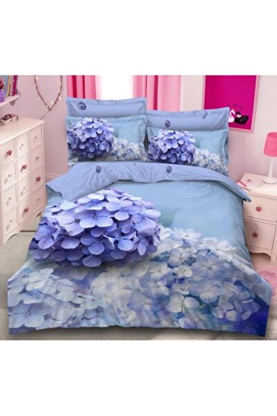 Pucioasa Lenjerie pat dublu 2 fete, Pucioasa, imprimeu 3D Floare Albastra, 6 piese, 2 persoane, 240x250cm, Fi